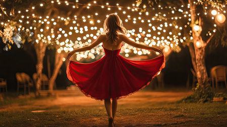 A young woman twirling in a red A-line dress under fairy lights in a festive outdoor setting.の素材