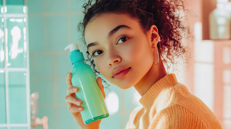 A young woman holding a mint-colored bottle of mouthwash, showing it off in a bright bathroom setting.の素材