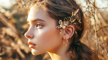 A young woman modeling an ear cuff with intricate floral designs, paired with small hoop earrings.の素材