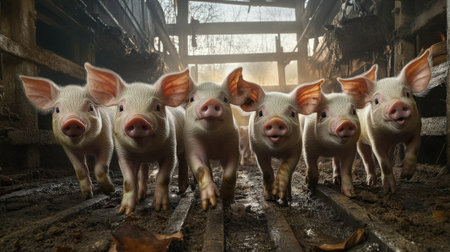 Piglets of various sizes exploring a well-maintained pigsty, their squeals filling the air.の素材