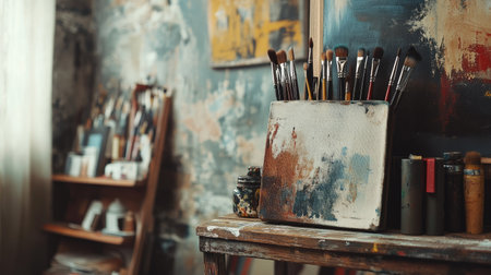 A square art bag with brushes peeking out, leaning against a corner shelf in an artistic living roomの素材