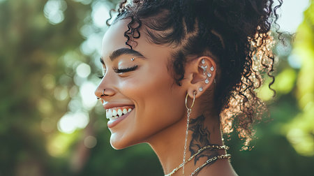 A young woman with multiple ear piercings adorned with delicate studs and chains, smiling outdoors.の素材