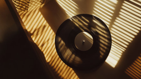 A top-down view of a spinning vinyl record on a retro turntable with sunlight streaming through blindsの素材