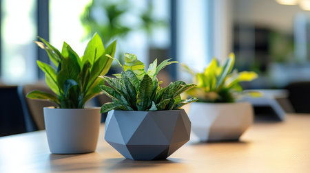 A tabletop arrangement of artificial plants in geometric pots for a modern office settingの素材