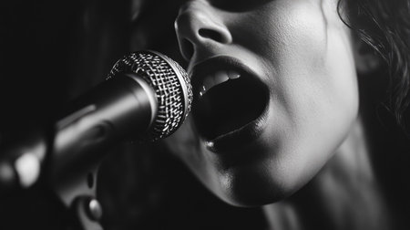 A close-up of a female singer's face as she passionately delivers a song into the microphoneの素材