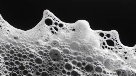 A close-up of foam bubbles merging together against a black backdropの素材
