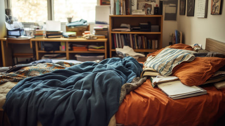 A student's bed in a dorm room with a wrinkled blanket and books scatteredの素材