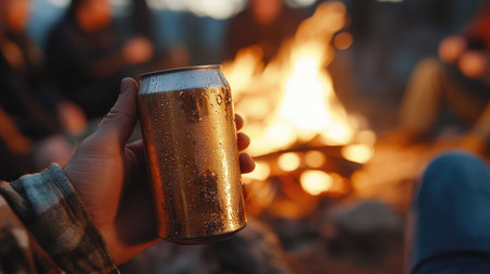 A man's hand holding a cold can of beer while sitting around a campfire with friends.の素材