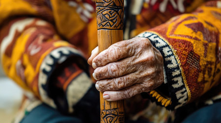 A close-up of a walking stick's ornate design, held by a senior dressed in traditional attireの素材