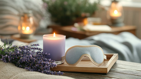 Relaxation set featuring an eye mask, lavender candle, and herbal tea on a wooden bedside tableの素材