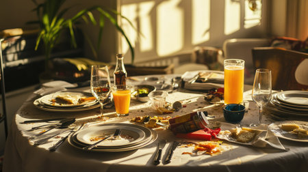 A messy dining table with dirty plates, utensils, and spilled beverages under soft evening lightの素材