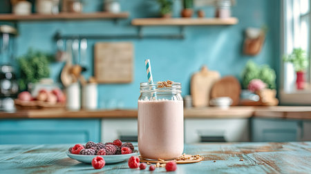 A stylish kitchen setup with a jar of whey protein, almond milk, and fresh berries for a smoothieの素材