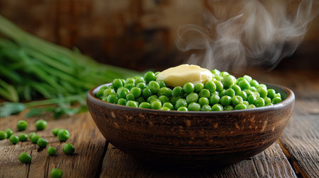 A steaming bowl of green peas with a dollop of butter melting on top, served on a rustic wooden tableの素材