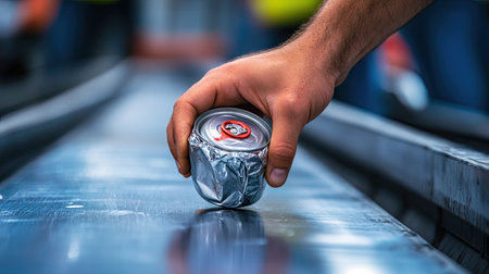 A male hand holding a dented aluminum can on a recycling conveyor belt.の素材
