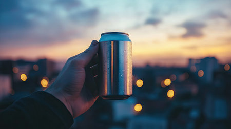 A male hand holding an aluminum can during a rooftop party at dusk, city lights in the background.の素材