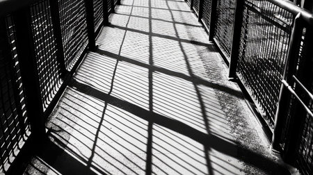 A metallic grid bridge walkway, photographed from above, with shadow patterns cast on the surfaceの素材