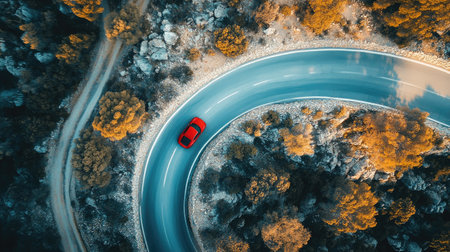 A top-down view of a sports car on a winding mountain road with motion blur emphasizing its turnsの素材