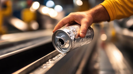A male hand holding a dented aluminum can on a recycling conveyor belt.の素材