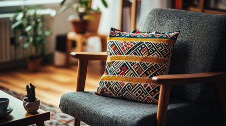 A square canvas bag with colorful patterns placed on a cozy armchair near a coffee tableの素材