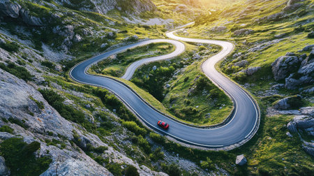 A top-down view of a sports car on a winding mountain road with motion blur emphasizing its turnsの素材
