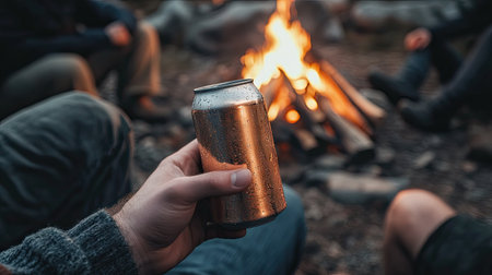 A man's hand holding a cold can of beer while sitting around a campfire with friends.の素材