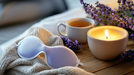 Relaxation set featuring an eye mask, lavender candle, and herbal tea on a wooden bedside tableの素材