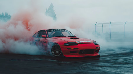 A drift car surrounded by smoke as it powers out of a corner, with track markings visible beneathの素材