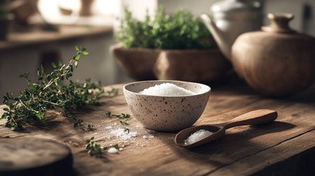 A cozy kitchen scene featuring a salt bowl, scoop, and herbs scattered on a wooden table.の素材