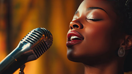 A soulful close-up of a woman singing into a vintage microphone, eyes closed and immersed in the musicの素材