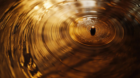 A detailed close-up of a spinning vinyl record reflecting warm ambient lightの素材