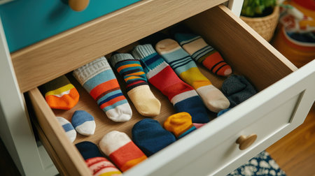 A drawer in a child's dresser pulled open, showing a mix of colorful socks and small accessoriesの素材