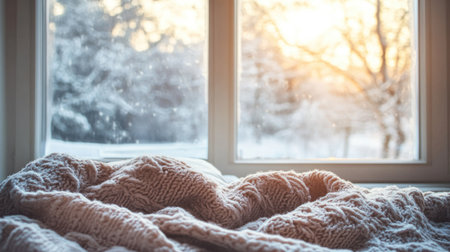 A cozy winter scene with a knitted, crumpled blanket on a bed near a window with frostの素材