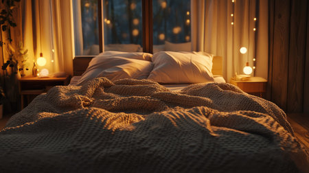 A couple's bed with a slightly wrinkled blanket and romantic lightingの素材