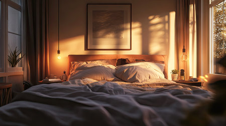 A couple's bed with a slightly wrinkled blanket and romantic lightingの素材