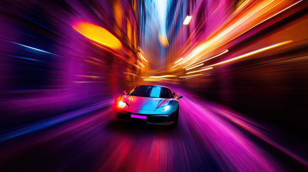 A sports car illuminated by colorful streetlights racing through an urban alley with motion blurの素材