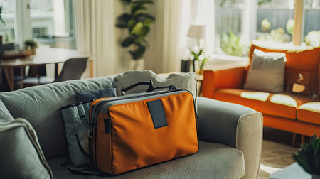 A square bag with travel essentials placed on a comfortable couch in a well-lit living spaceの素材