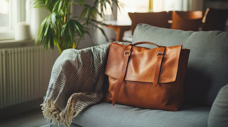 A stylish square leather bag resting on a modern gray sofa in a brightly lit living roomの素材