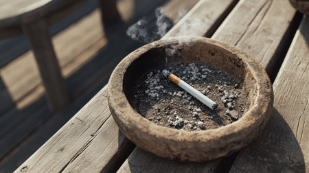 An outdoor ashtray on a wooden deck, holding a cigarette surrounded by ash and sand particlesの素材