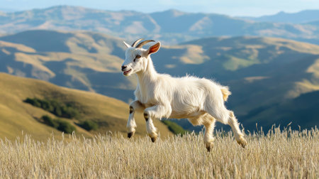 A young goat frolicking in a field, captured mid-jump, with rolling hills in the background.の素材