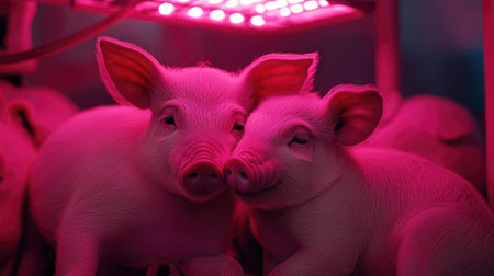 Piglets cuddled together under a heat lamp, their soft pink skin glowing warmly.の素材