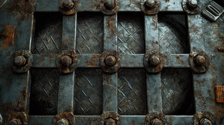 An industrial metallic grid covering a ventilation duct, rusted bolts visible at the cornersの素材