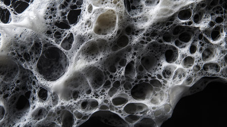A close-up of foam bubbles merging together against a black backdropの素材