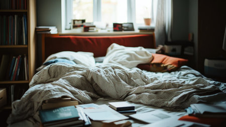 A student's bed in a dorm room with a wrinkled blanket and books scatteredの素材