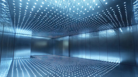 A metallic grid ceiling in a futuristic room, with glowing LED lights integrated into the designの素材