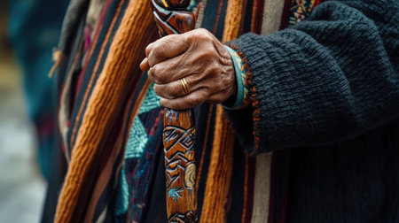 A close-up of a walking stick's ornate design, held by a senior dressed in traditional attireの素材
