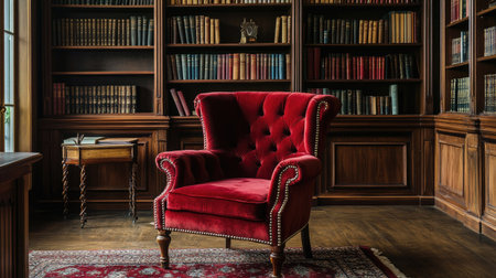 Red velvet chair with nailhead trim, set in a formal study room with bookshelves in the backgroundの素材