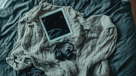 A top-down view of a bed with a crumpled blanket, a tablet, and headphonesの素材
