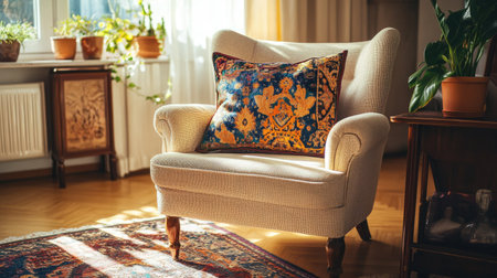 A square canvas bag with colorful patterns placed on a cozy armchair near a coffee tableの素材