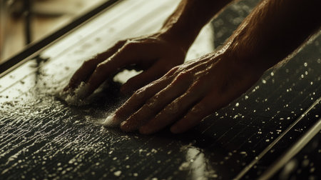 A close-up of hands scrubbing dirt off a solar panel with specialized cleaning toolsの素材