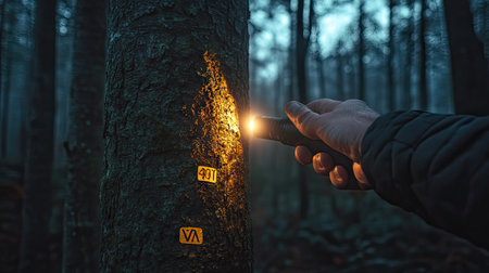 A hand with a flashlight illuminating the trail markers on a tree during a moonless hike.の素材